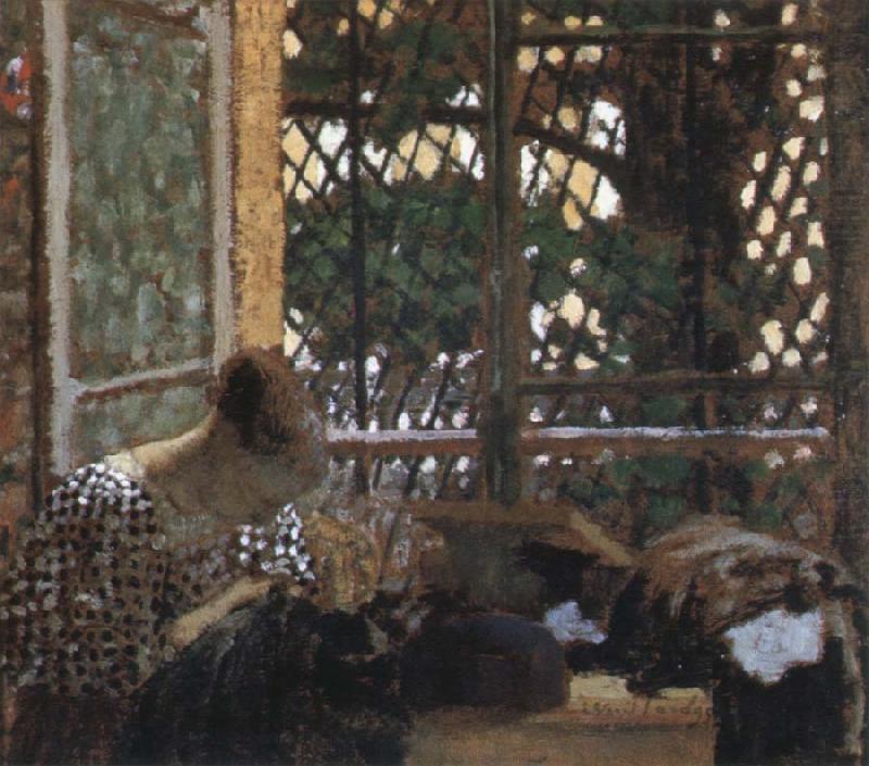 woman sewing before a garden, Edouard Vuillard